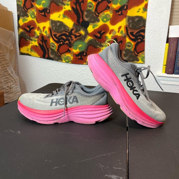HOKA Womens Bondi 8 'Castlerock Strawberry' Size 8.5 Good Condition NO BOX - Picture 2 of 14